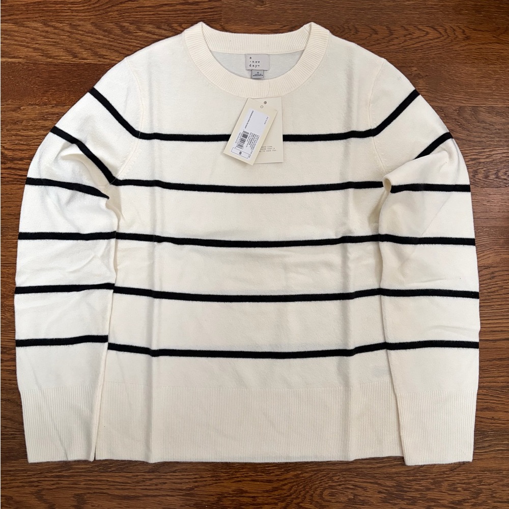 A New Day Slim Fit Cozy Knit Pullover Sweater - cream and black striped